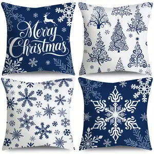 4pcs, Christmas Throw Pillow Covers, Blue White Merry Christmas Snowflake Christmas Tree Designs,  Winter Holiday Party Cushion Case for Bedroom Sofa Couch Patio Decor, Home Décor, Single Sided Printing, No Pillow Core