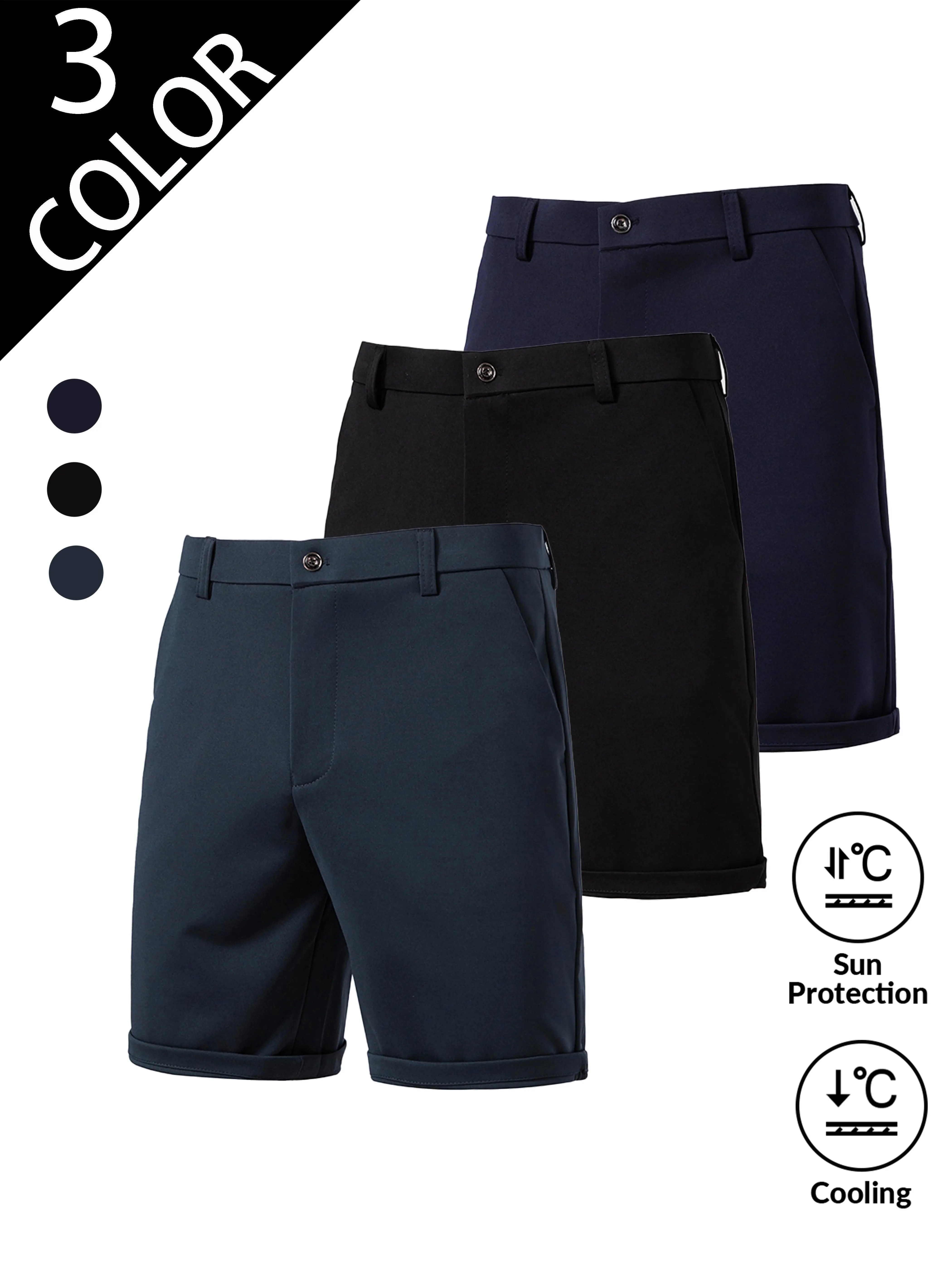 Men's Ice Silk Chino Bermuda Shorts - Roll Cuffs, Wrinkle-Free, Quick-Dry, Business Casual Dress Shorts with Pockets for Summer (Black, Navy, Dark Grey), Regular Sizes, Menswear, Customizable, Plain, Mens Clothing, Elastane, 3 Color, Solid Colors, Basic,,