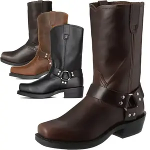Men's calf boots square toe tube surface sewn with metal ring elements thick heel Western denim style outdoor wear small leg boots men's boots suitable for all seasons walking shoes shoes closed comfortable women's decorative orthoticsGift