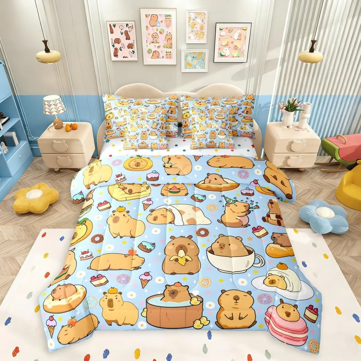 Cartoon Capybara 7 Pieces Bedding Set,Kawaii Animals Bed in a Bag,Capybara Lovers Bed Set Includes Comforter,Sheet Set,Pillowcases & Pillow Covers,Yummy Foods Love Hearts Bedroom Decor