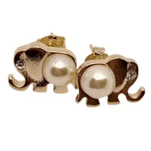 Gold l Elephant Stud Earrings l Pearl Accent l Playful Design