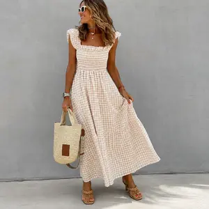 Women's Gingham Square Neck Maxi Dress, Sleeveless Smocked Waist Flowy Dress, Summer Beach Vacation Resort Outfit
