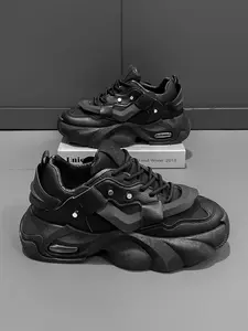 Men's All-Black Techwear Air Cushion Chunky Sneakers, Athletic Sneakers, Cool Dark Style, Leather Paneling + Air Cushion Shock-Absorbing + Metal Buckle Decor, All-Black Elegant, Techwear Eye-Catching , Ideal for Street Outfits & Daily Outings