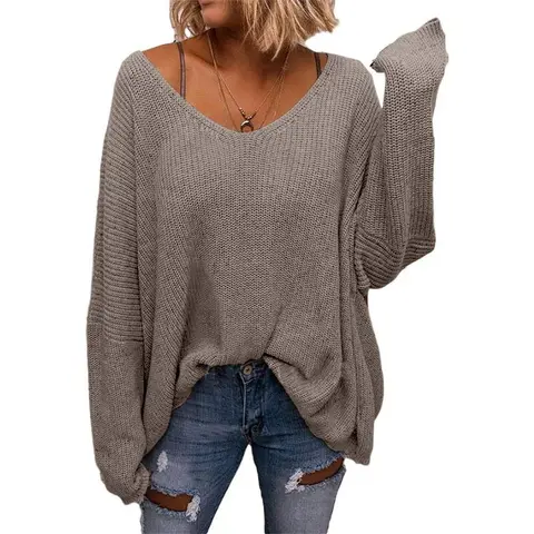 Imily Bela Women's V Neck Long Sleeve Knit Loose Oversized Pullover Sweater Top