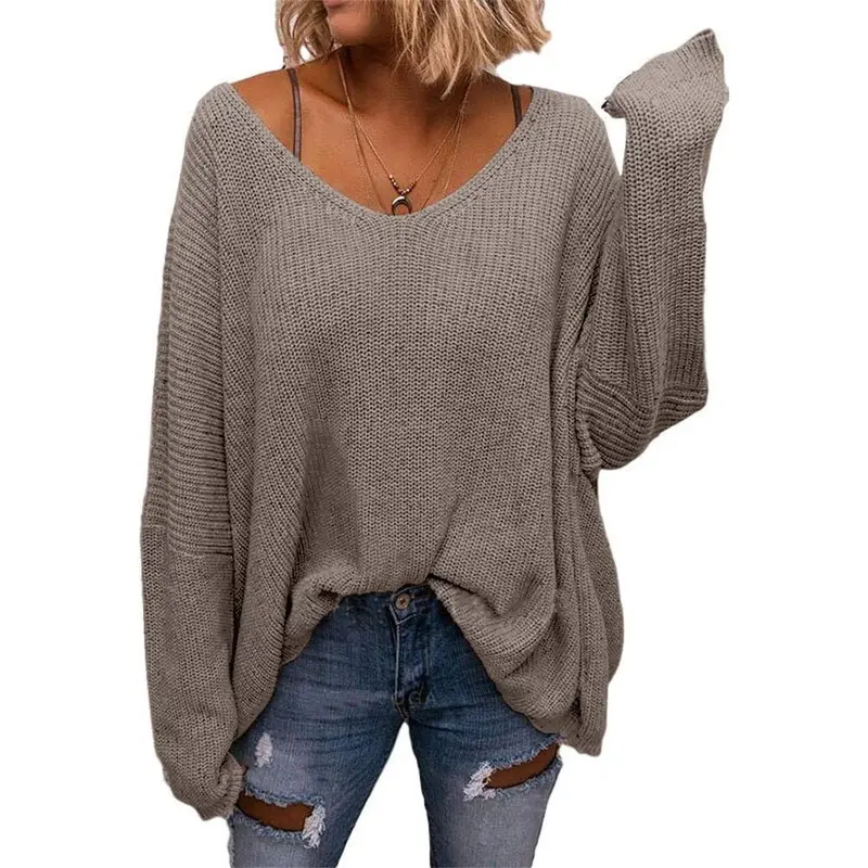 Imily Bela Women's V Neck Long Sleeve Knit Loose Oversized Pullover Sweater Top