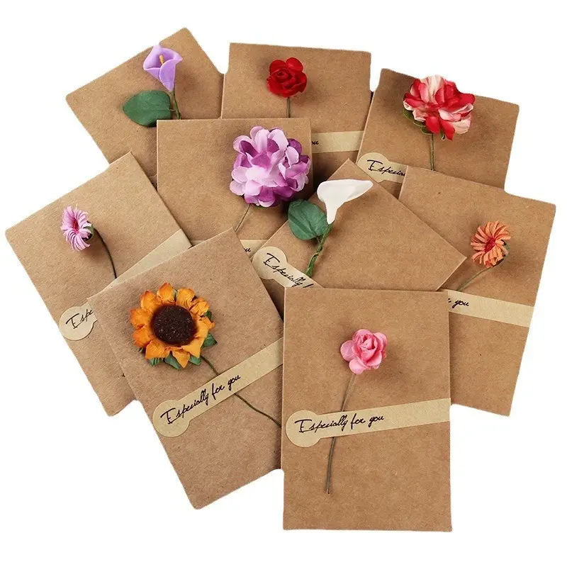 Dried Flower Design Kraft Paper Cards, 5 Counts/set DIY Card Set Creative Greeting Cards, Holiday Blessing Cards for Birthdays & Weddings & Anniversaries Greeting Cards Assortment