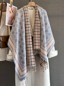Autumn Winter Medium-Length Geometric Quilted Scarf, Dual-Sided Faux Wool Shawl, Travel Photography Neck Warmer, Large Wrap-Around Cowl