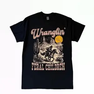 Women's Retro 90s Western Graphic T-Shirt - Short-Sleeve, Casual, Fitted, Feral Children Raccoon Design, Teen Gift, Summer Womenswear Top