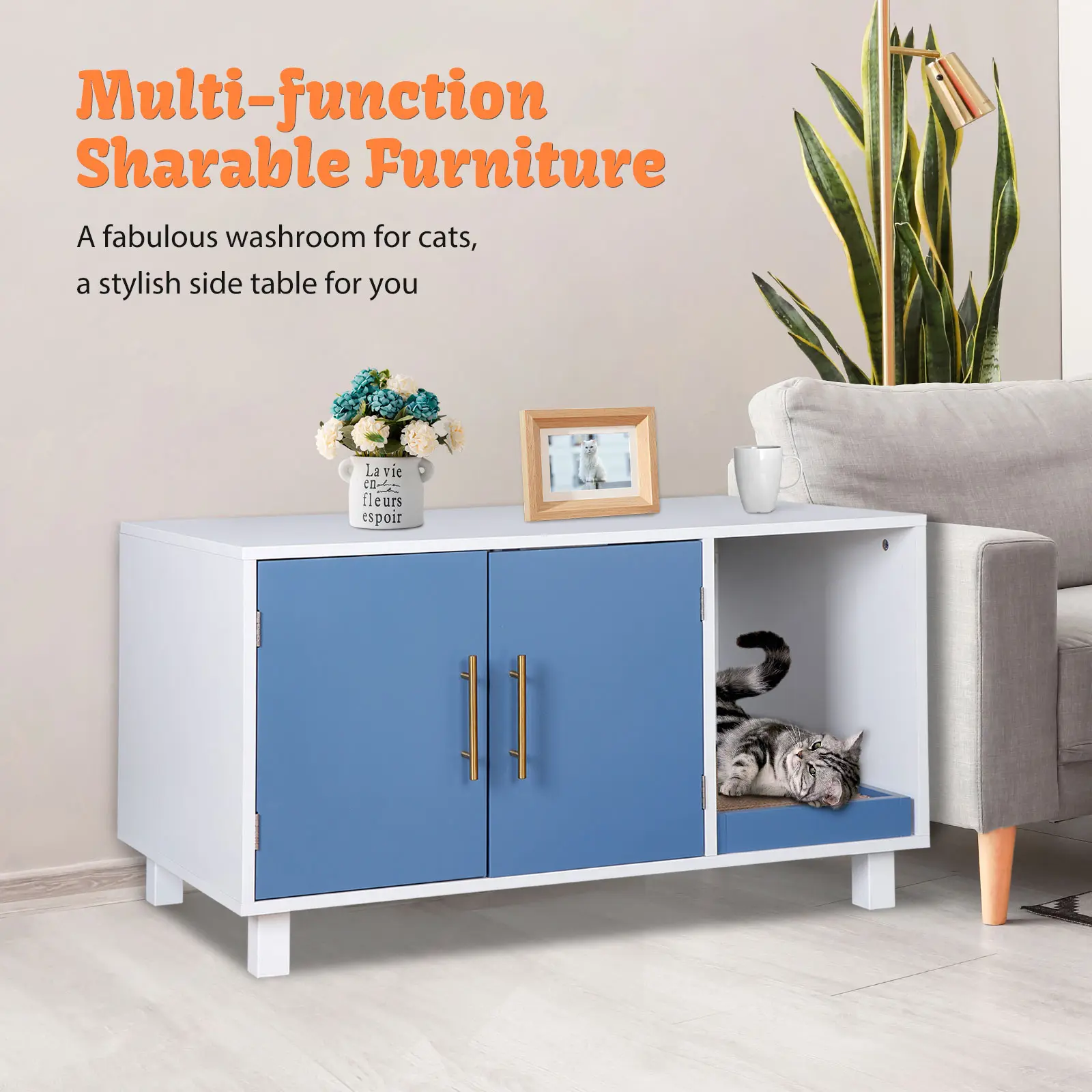 Zeny Multi-Use Litterbox Enclosure Furniture - Discreet Stylish Side Table/Coffee Table/TV Stand, Odor Control, Stain-Preventing Hidden Cat Washroom, Wipe-Clean Surface, Scratch Pad, Handles, Easy to Assemble, Fits Most Standard Litter Containers, White