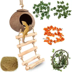 Gecko Tank Accessories, Coconut Shell Ladder Hideout Hole Reptile Climbing Vine Habitat Decor with 3 Pieces Colorful Plastic Plants for Chameleon Lizard Snake Hermit Crab Leopard GeckoJungle Climber Bearded Dragon Tank Accessory