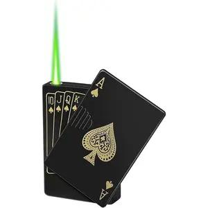(Does not contain butane gas) Metal Poker Ace Cards Lighter with Green Flame，Men's lighter, green flame lighter, rechargeable butane lighter, cool windproof design, metal material