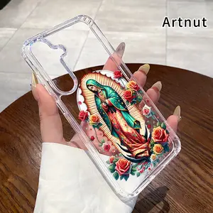 Mother Mary Pattern Magnetic Phone Case for Samsung Galaxy S26 Edge S23 Ultra S24 Plus FE S25 S22+ Non-Yellowing Clear Crystal Drop-proof Slim Silicone Shockproof Transparent Acrylic Large Hole Cover Supports Wireless Charging