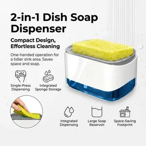2-in-1 Dish Soap Dispenser with Sponge Holder, Single Press Kitchen Sink Soap Pump, Large Capacity Liquid Soap Caddy, Compact Space-Saving Sink Organizer with Integrated Sponge Storage