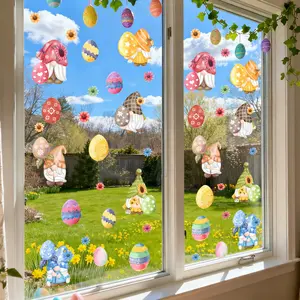 A set (30*60cm*2pcs) of Easter gnome, flower and egg ultra-transparent window stickers, suitable for holiday window displays and home background decoration, CT2014*2