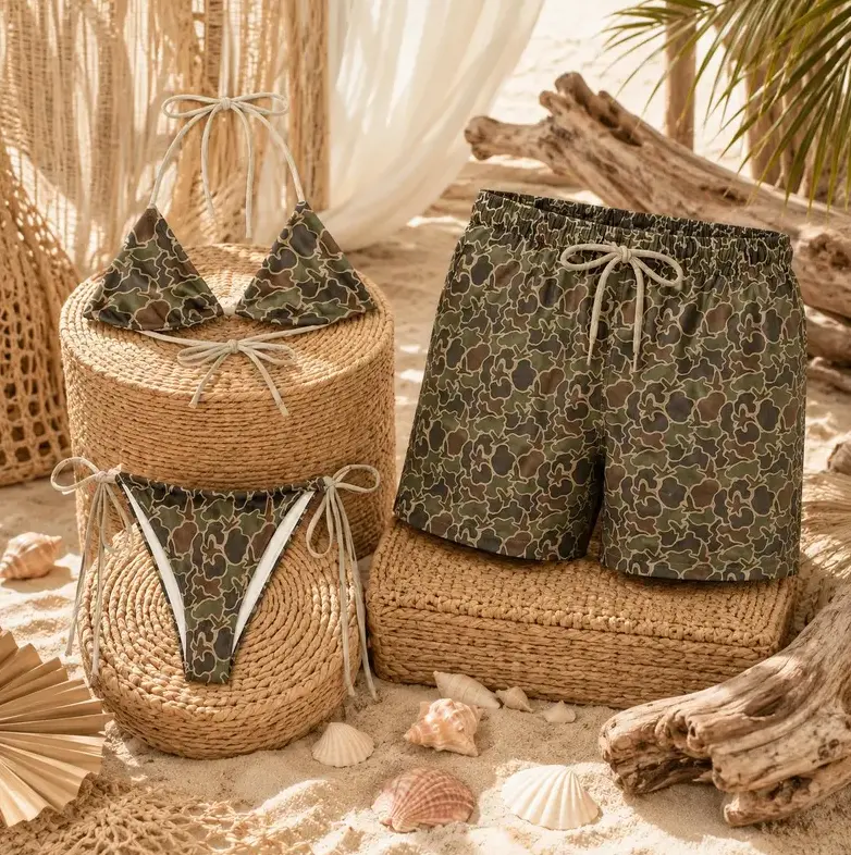 Matching Camo Bikini and Swim Trunks Set, Couples Beachwear, His and Hers Swimsuit, Camouflage Vacation Outfit
