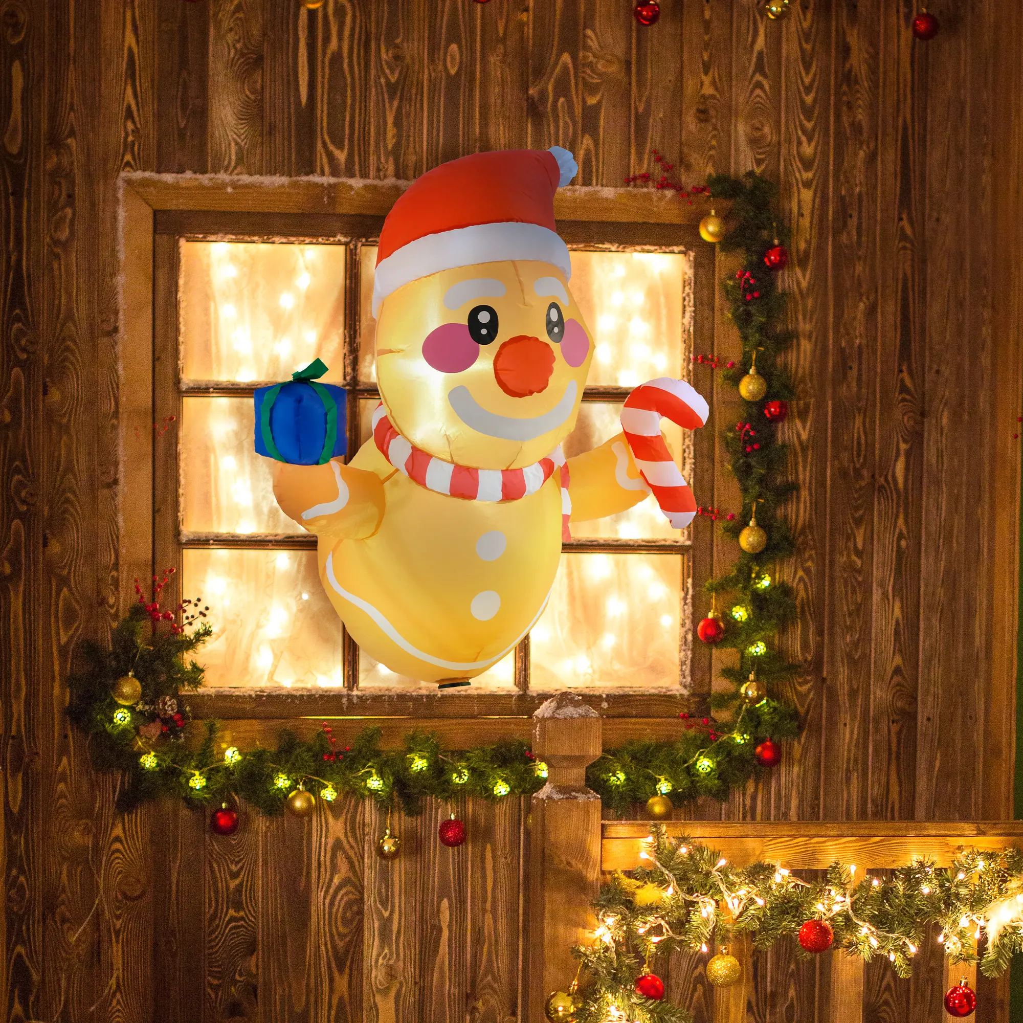 3.4ft Inflatable Hanging Gingerbread Man - LED-Lit, Holds Gift Box & Candy Cane, Blow-Up Christmas Decor for Outdoor Party Displays (Home & Festive Supplies)