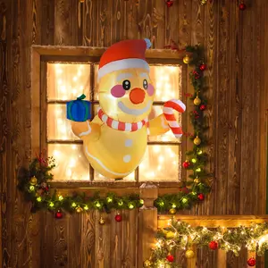 3.4ft Inflatable Hanging Gingerbread Man - LED-Lit, Holds Gift Box & Candy Cane, Blow-Up Christmas Decor for Outdoor Party Displays (Home & Festive Supplies)