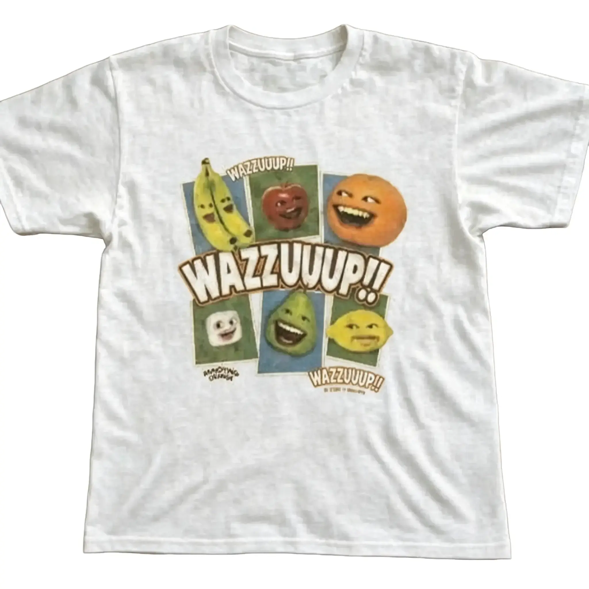 Vintage Annoying Orange Banana Apple Pear Crew Neck Tshirt, wazzuuup classic internet meme casual short sleeve, fit for city stroll, hangout & friend gathering. Great pick for retro animated meme graphic enthusiasts.