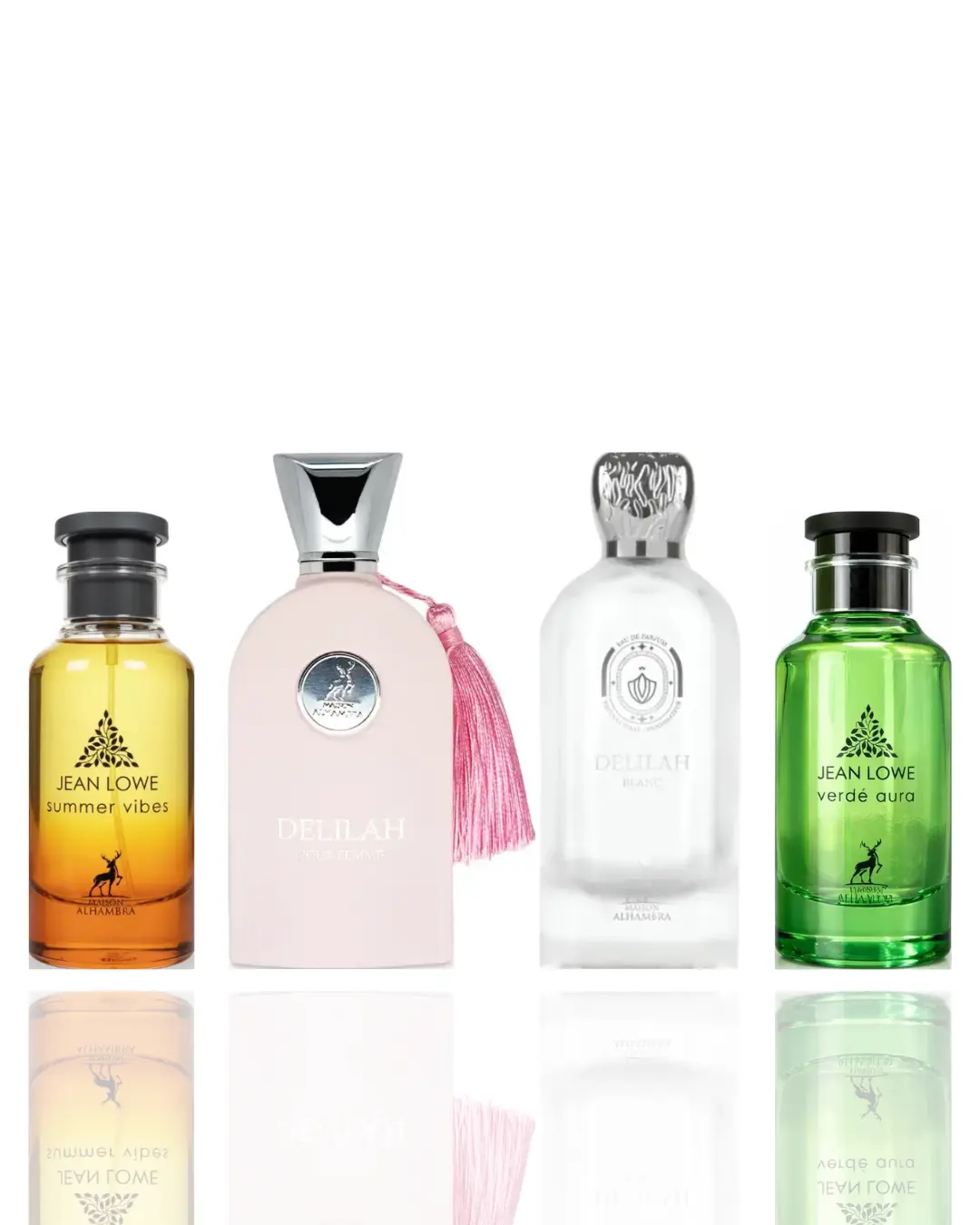 Lattafa Unisex 4-Piece Fragrance Bundle Pack - Delilah Blanc, Delilah Pour Femme, Jean Lowe Verde Aura, Jean Lowe Summer Vibes, Fragrancetok, Fresh Fragrances, Minis, Pre-Packed, Packaged, Daily Use Versatile Bottles, Versatile Everyday Wear, Minis Unisex