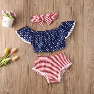 Toddler Infant Baby Girls Summer 4th of July Outfits Set Star Printed Off Shoulder Fly Sleeves Crop Top Stripes Shorts Headband 3pcs Clothes Set