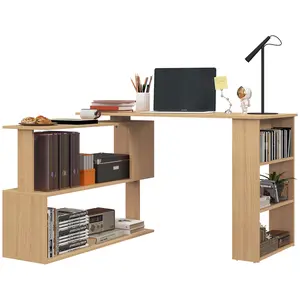 Maple L-Shaped Corner Computer Workstation, 360-Degree Rotating Home Office Desk with Storage Shelves, Multi-Functional Writing Table