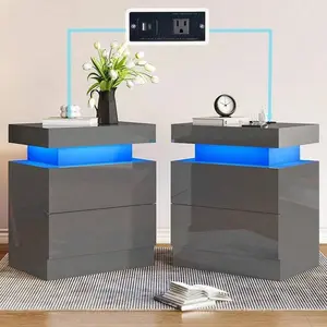 2-Piece High Gloss LED Nightstands with Charging Station, High-Quality Drawer-Equipped Contemporary Flat-Top Dual-Use Bedside Tables, Modern Sofa End Side Tables for Bedroom, High-Quality Bedside Tables