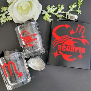 Scorpio Zodiac Giftset Red Scorpion 4 Piece Drinkware Set Includes 6 oz Stainless Steel Flask & 2 Square Shot Glasses with Red Scorpio Designs Perfect for Astrology Lovers Birthdays Black Friday Shopping Stocking Stuffers