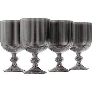 KooK Goblet Glasses, Vintage Wine Glasses, Goblets, Vintage Glassware, Stemmed Drinking Glasses, for Water, Wine, Embossed Pattern, Wedding Party, Bar, Black, Set of 4, 13 oz
