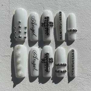 Angel Press On Nails, Cross Stud Bling Se, Silver Gothic White Design