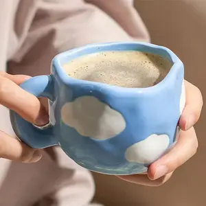 10 fl oz Creative Hand Pinched Blue Sky and White Clouds Ceramic Coffee Mug, Food Grade Handcrafted Artisan Tea Cup, for Breakfast Milk Afternoon Tea Daily Drinking Home Office Use