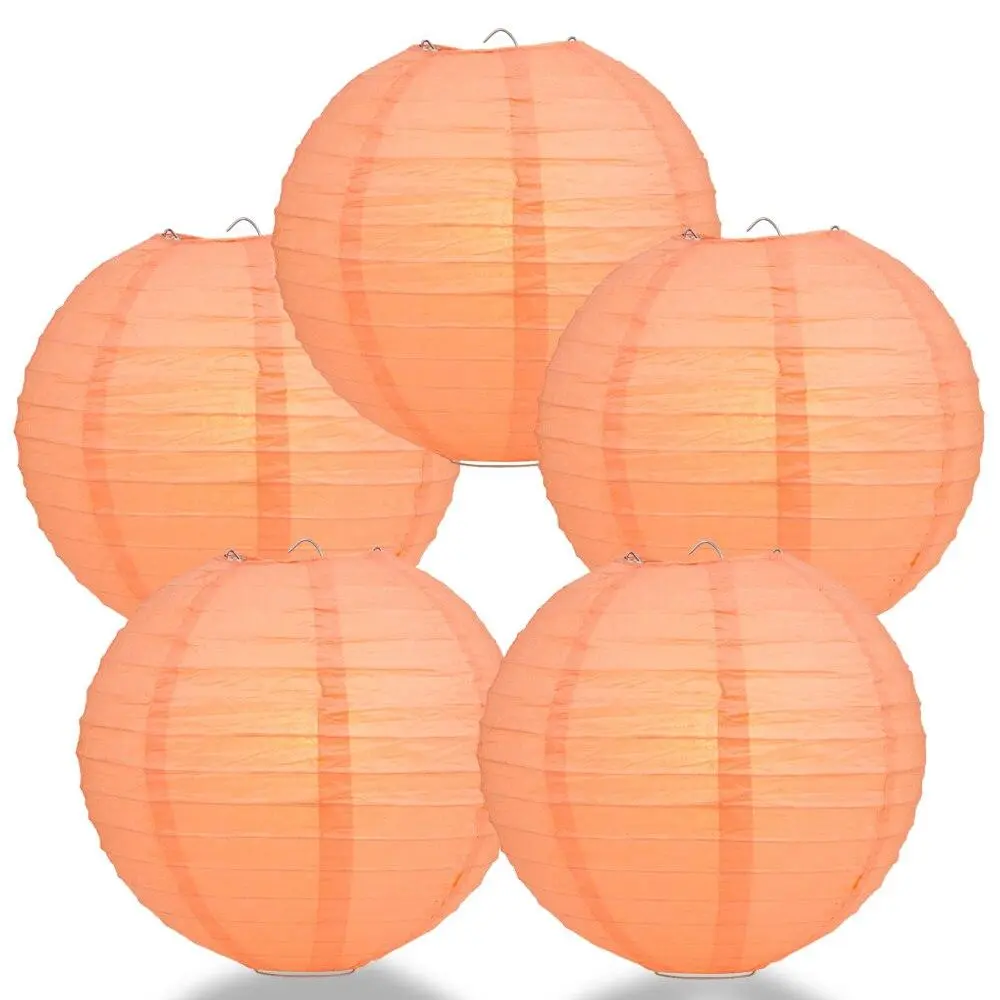 5-PACK 6" Peach / Orange Coral Round Paper Lantern, Parallel Ribbing, Chinese Hanging Wedding & Party Decoration