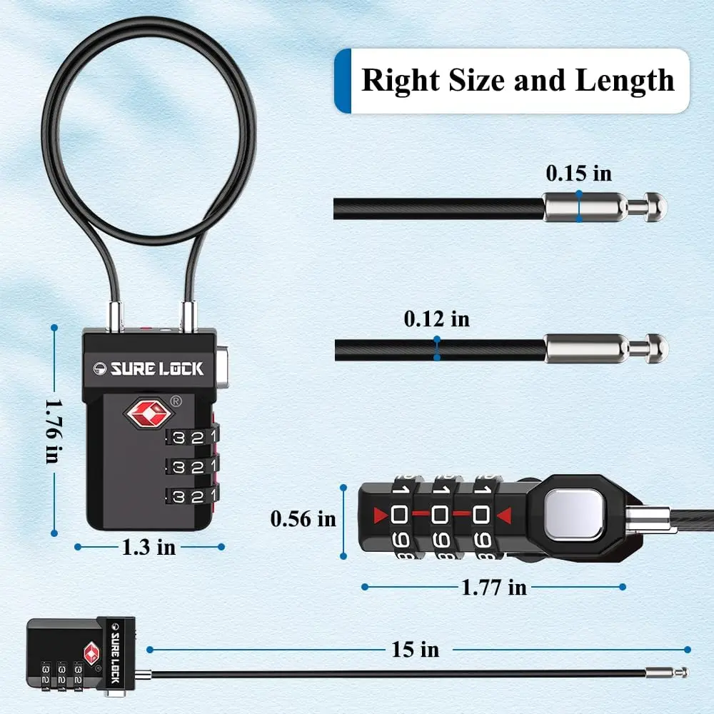 SURE LOCK TSA Luggage Lock, Tough Zinc Alloy 3-Digit Combination with Long Cable, Open Alert Indicator, and Anti-Theft Push Button
