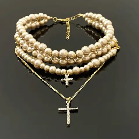 Elegant Multi-Layered Imitation Pearl Cross Necklace with Gold Chain - Perfect for Weddings, Banquets and Parties, Wedding Jewelry |   Elegant Necklace |   Pearl Decoration