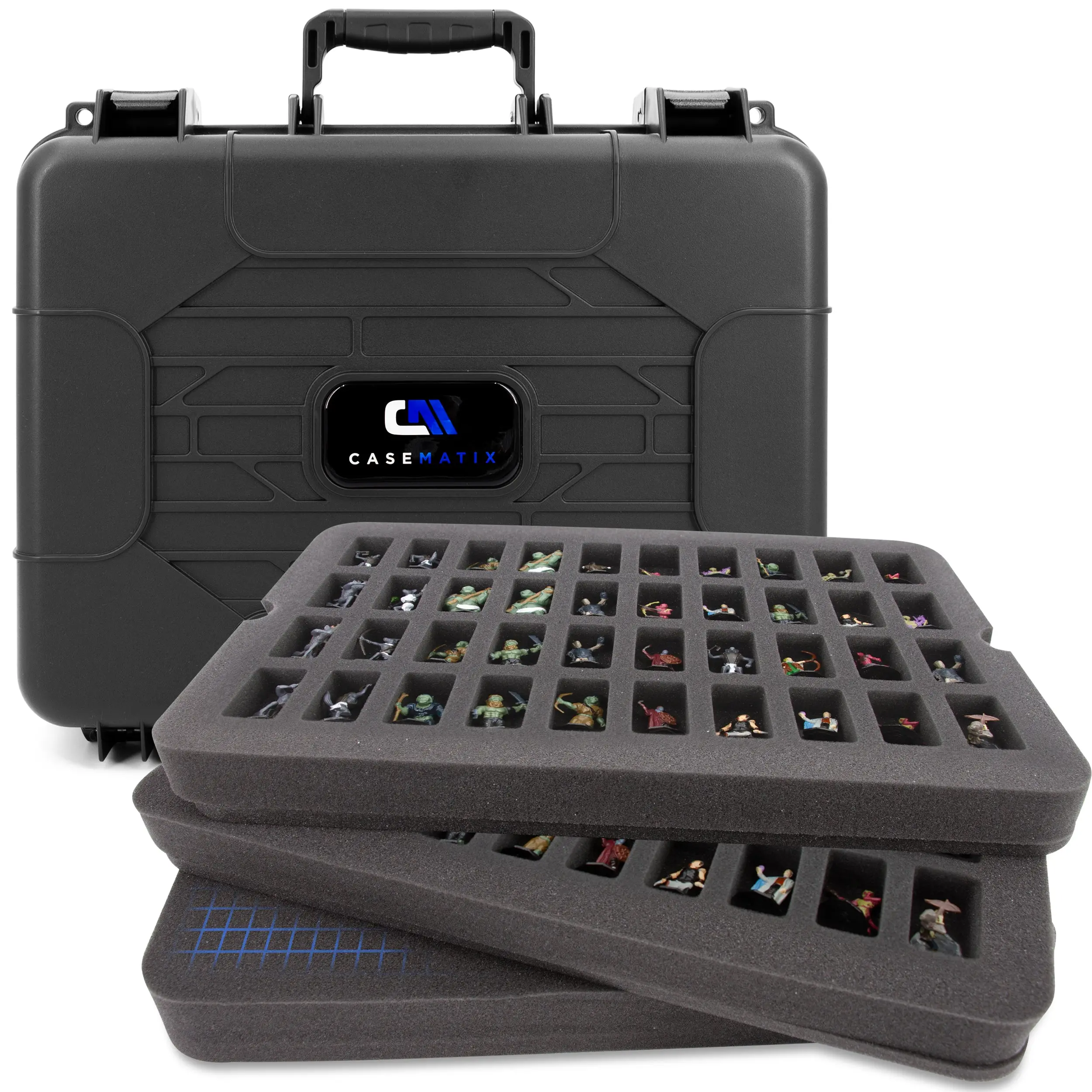 Hard Shell Miniature Case with 80 slots and customizable foam for large minis. Fits Warhammer 40K, DnD, RPG figures and more.