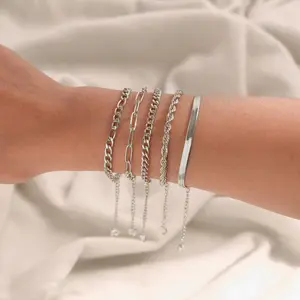 5PCS Waterproof 14K Real hypoallergenic Gold Jewelry Set for Women – Trendy Thin Dainty Stackable Cuban Link, Paperclip Chain Bracelet Pack, Fashion Accessories Gifts for Women non-tarnish Christmas Gift