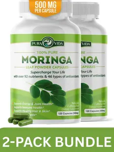 2-Pack Moringa Powder Capsules Organic - Pura Vida  Moringa Leaf. Energy, Metabolism, & Immune Support. 120ct. 500mg Caps. Supplement Healthcare
