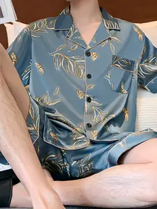 Men's Summer Short Sleeve Ice Silk Sleepwear Set, Casual Comfortable Two-Piece Home Clothing, Breathable and Soft Fabric