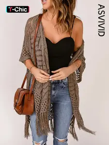 Women's Casual Elegant Boho Solid Color Loose Knit Hollow Out Fringe Side Split Long Cardigan, Knitwear Fall & Winter Fashion, Ladies Sweater Coat