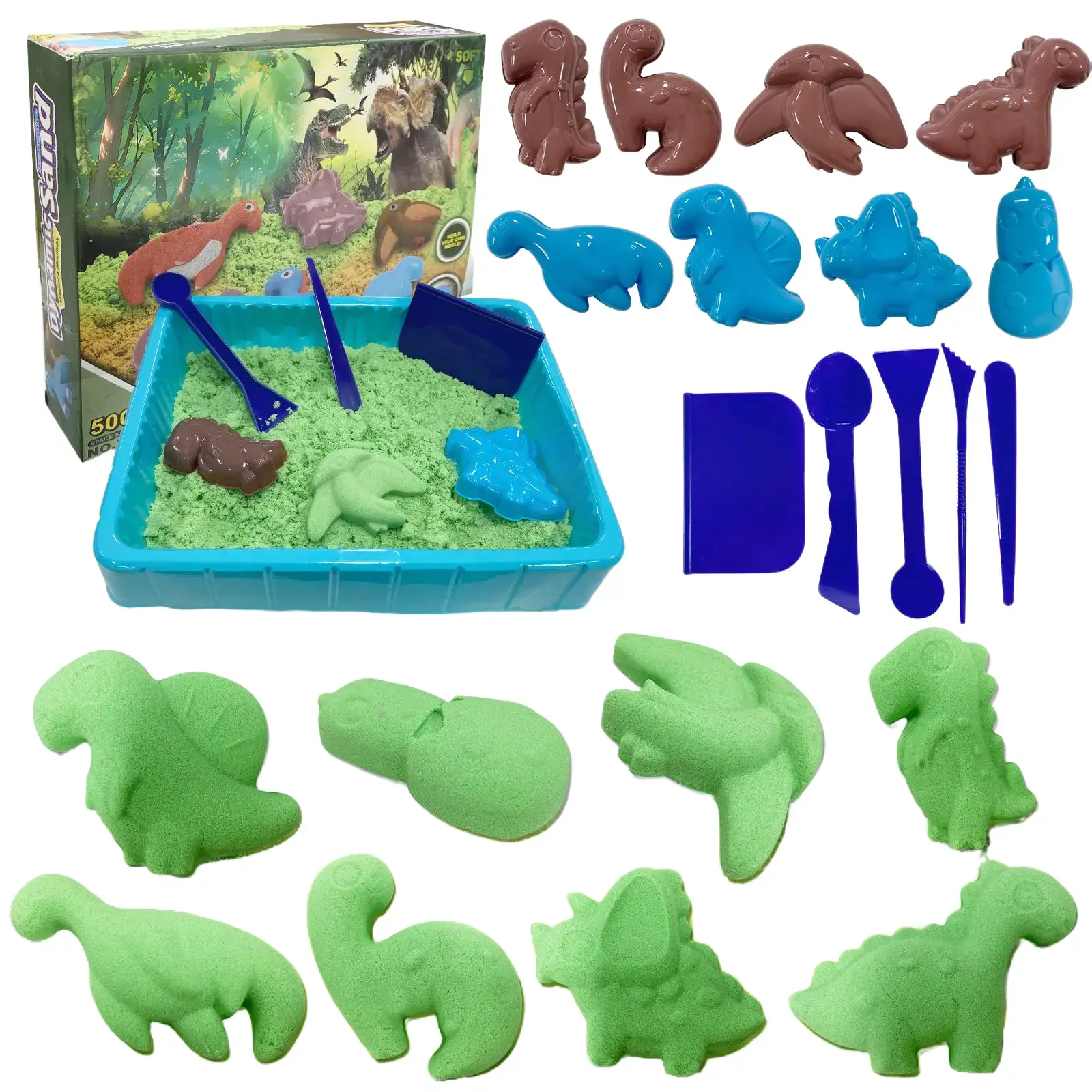 Dinosaur Kids Magic Sand Play Set - Safe Non-Toxic No-Mess Moldable Sensory Sand for Creative DIY Toys，Stretchable Moldable Expandable Cloud Slime Tactile Fun Sensory Kit for Kids Ages 3+ Adventure Playset