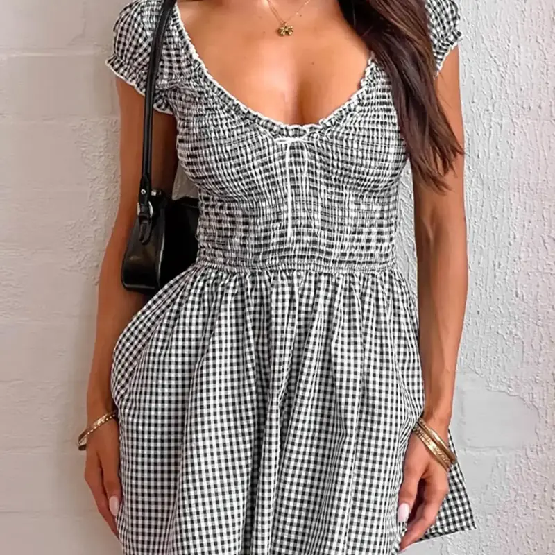 Women's Plaid Print Tie Front Romper, Casual Loose Fit Breathable Romper for Summer, Fashion Women's Clothing for Daily Wear, Vacation Romper, Boho Casual Romper, Fabric, Womenswear