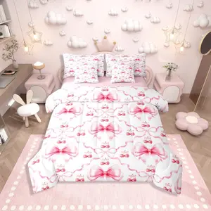 Feelyou 7-Piece Pink Cherry Bow Comforter Set - Ultra Soft Kawaii Theme, Princess Bowknot Bed-in-A-Bag, Soft Bedding for Teen Women (Multi-Size Options), Seven Pieces