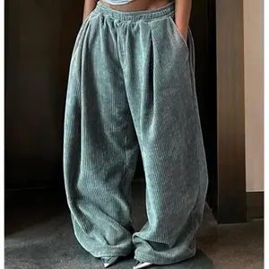 Casual Wide-Leg Pants Autumn Loose Simple Basic Pocket High Waist Trousers Corduroy Streetwear Long Bottoms
