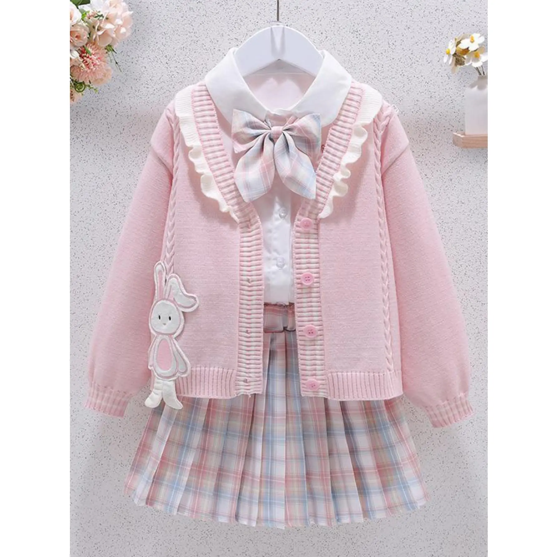 Girls' Three-Piece School-Style Set Spring and Autumn New Children's Outfit - Bunny Knit Cardigan, Shirt, and Pleated Skirt