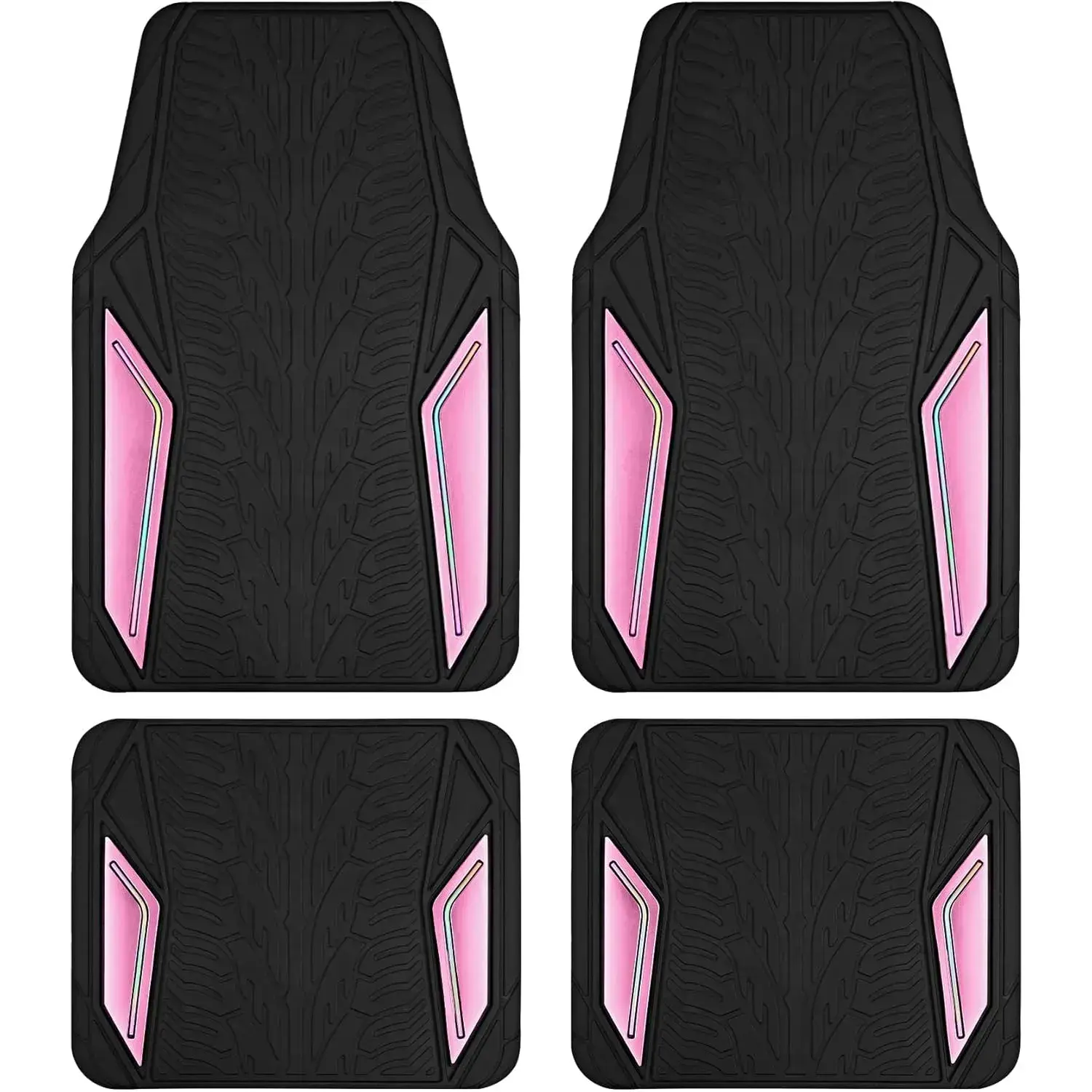 Rubber Floor Mats, Pink Aluminum Film with Colorful Piping Automotive Mats for Cars, Non-Slip Backing, All-Weather Protection, Trim-to-Fit Liner for Cars, SUVs, Trucks, Vehicles