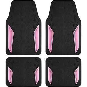 Rubber Floor Mats, Pink Aluminum Film with Colorful Piping Automotive Mats for Cars, Non-Slip Backing, All-Weather Protection, Trim-to-Fit Liner for Cars, SUVs, Trucks, Vehicles
