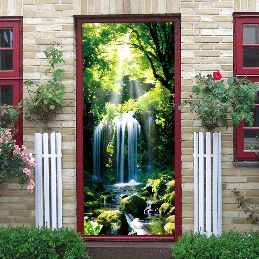 Natural Forest Waterfall Wall Stickers Stereo Living Room Entrance Decorative Stickers Self Adhesive Waterproof Removable Bedroom Background Wall Decals Green Plant Landscape Mural Home Art Decor Stickers