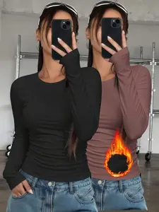 2-Pack Women's Thermal Underwear Tops Shirt, Basic Solid Color Classic Crew Neck Long-Sleeve Casual Fitted Base Layers for Autumn & Winter - Ideal as Running, Hiking Activewear, Comfortable Base Layer Tees Suitable for Outdoor Activities