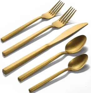 Alata Cube Gold 20-Piece Flatware Set, Forged Cutlery Set, Matte Gold Silverware Service for 4, Stainless Steel Tableware with Square Handle for Home/Restaurant, Dishwasher Safe Ezone