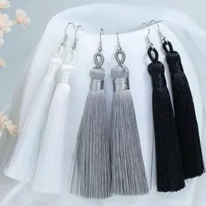 Cadenza - Elegant Tassel Earrings with Long Fringes in White Silver & Black for Unique Expressive Style