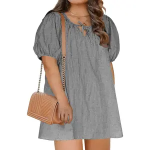 TANKANEO Women's Plus Size Gingham Short Dress Short Puff Sleeve Scoop Neck Plaid Cotton Babydoll Mini Dress with Pockets